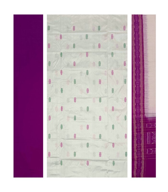 Exquisite Premium Sambalpuri Bapta Dress Material, White, Pink and Green colors combination