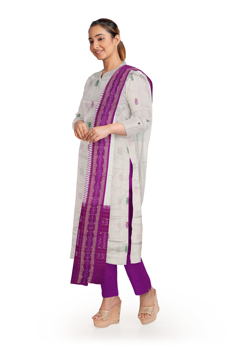 Exquisite Premium Sambalpuri Bapta Dress Material, White, Pink and Green colors combination